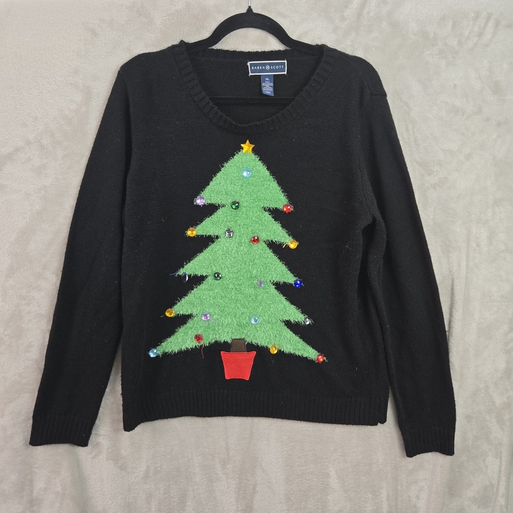 Karen Scott Womens BLACK  Christmas Sweater with TREE Sz. XL